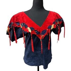 Wildfire Suede Western Top Red Navy Fringe Embellished Rodeo Shirt Boho